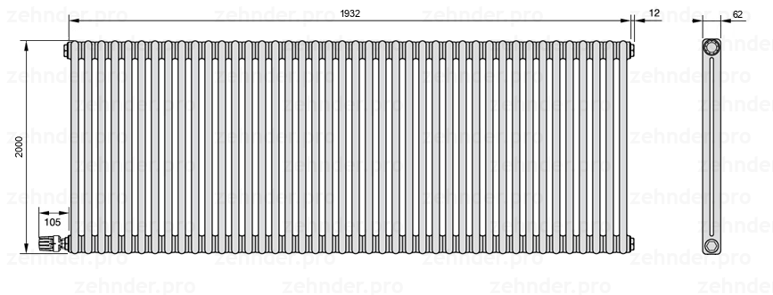 Схема (чертеж) Радиатор Zehnder Charleston 2200/42 №V004 Белый глянцевый RAL 9016